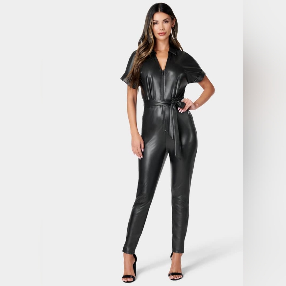Bebe vegan leather jumpsuit